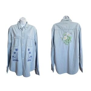 Free Assembly Button Down Shirt Womens L Blue Floral Embroidered Cottagecore